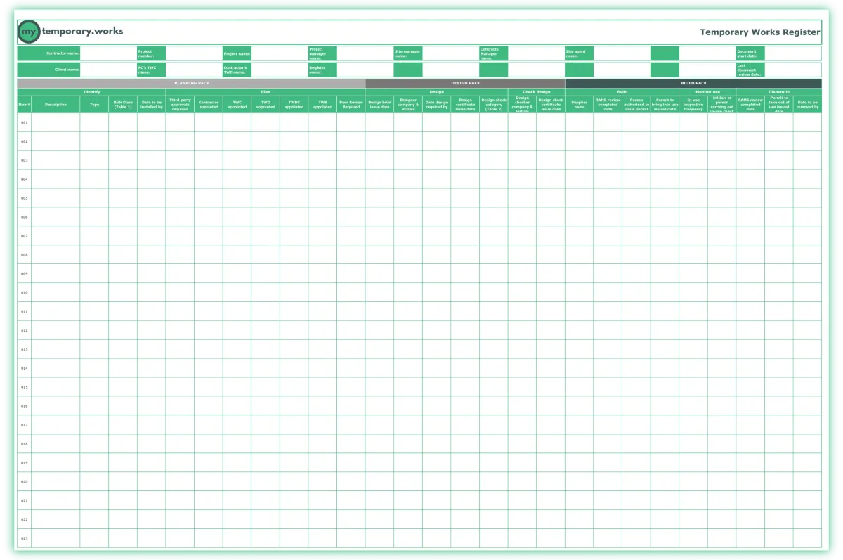 Temporary Works Register template